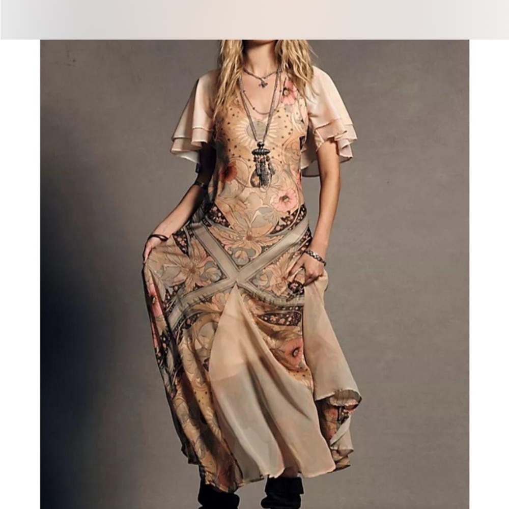 Free People Floral Patchwork Maxi Dress in Beige and Blush
